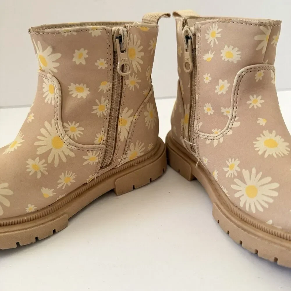 Cat & Jack Girls Size 8 Daisy Floral Ankle Boots Pink Tan Side Zip